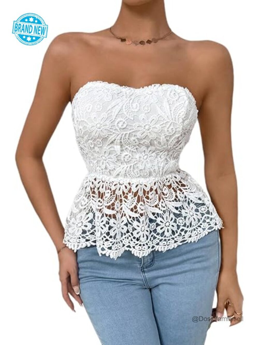 Women's Floral Lace Strapless Peplum Bandeau Tube Top Sheer Ruffle Hem